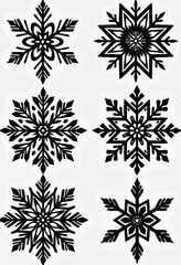 A versatile set of six unique black snowflake silhouettes, featuring intricate geometric and floral patterns perfect for winter holiday and Christmas designs.
