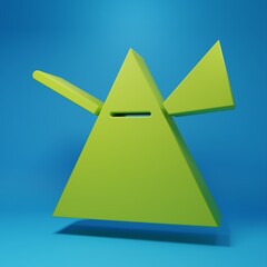 Green Light rays in prism icon isolated on blue background. Ray rainbow spectrum dispersion optical effect in glass prism. Minimalism concept. 3D render illustration