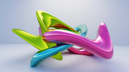 Fluid liquid chrome  blue green pink shapes and spheres abstract background. 3d illustration...