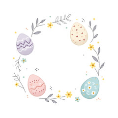 Festive Easter eggs and floral elements are arranged in a wreath against a dark backdrop, perfect for holiday cards, transparent background
