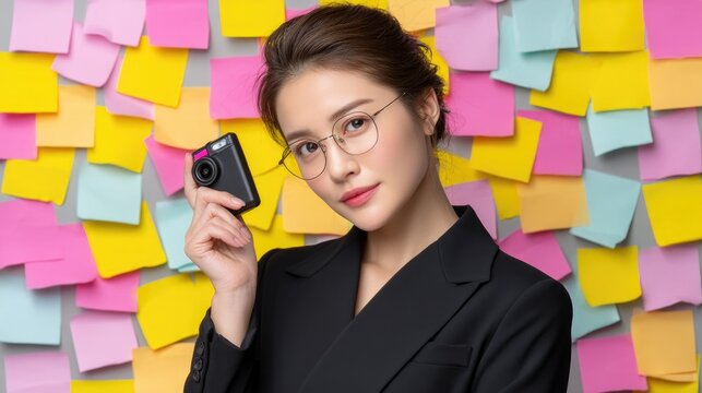 An attractive young woman wea glasses and a black jacket holds a compact camera in front of a wall covered with colorful sticky notes, planning her next project. - Powered by Adobe