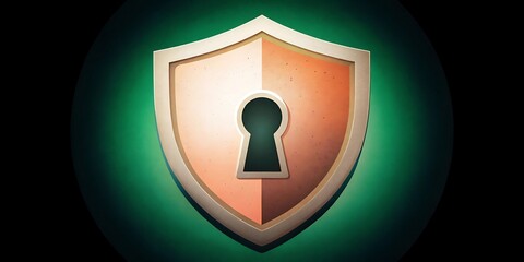 A metallic shield with a keyhole in the center, symbolizing security and protection, is set against a dark green background.
