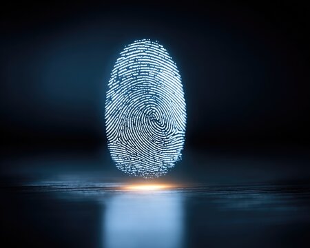 A luminous fingerprint hovers above a reflective surface, symbolizing digital identity, security, and the unique aspects of personal identification methods.