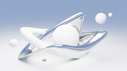Fluid liquid silver white shapes and spheres abstract background. 3d illustration contemporary art