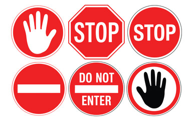Red traffic signs set featuring stop, do not enter, and hand icons for road safety, transportation control, and visual guidance
