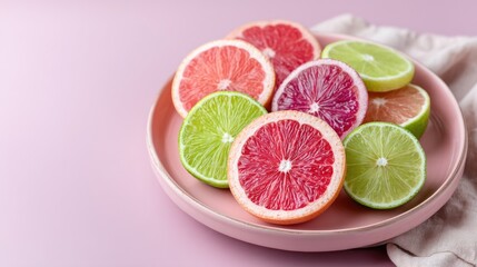 Sliced grapefruit and lime citrus fruits are artistically arranged on a pink plate, creating a vibrant and refreshing display against a pastel pink backdrop.