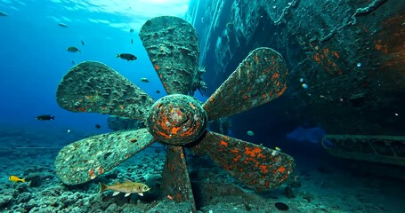Underwater view of a rusted ship propeller surrounded by vibrant marine life and coral reef - Powered by Adobe
