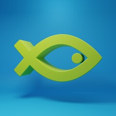 Green Christian fish symbol icon isolated on blue background. Jesus fish symbol. Minimalism concept. 3D render illustration
