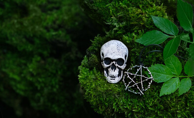 Human skull amulet and pentacle talisman on moss close up, mystical forest background. Mysticism,...