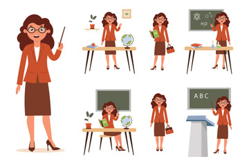 Set of cute teachers conducting lessons in the classroom with various educational activities. Set for animation. Vector illustration in flat style on white background.