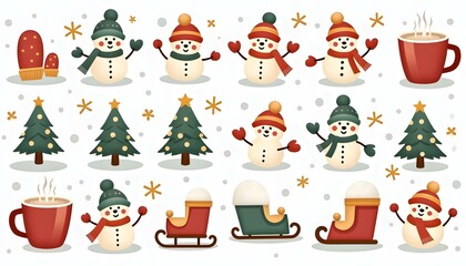 Fototapeta premium Cute Christmas illustrations of snowmen, trees, and hot cocoa 