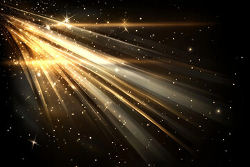Obraz premium Golden beams of light illuminate a dark background in a stunning display of shimmering particles during sunset hours