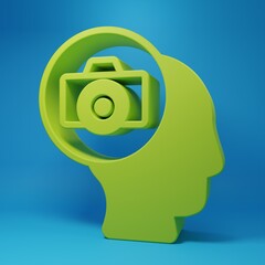 Green Photo camera icon isolated on blue background. Foto camera. Digital photography. Minimalism concept. 3D render illustration