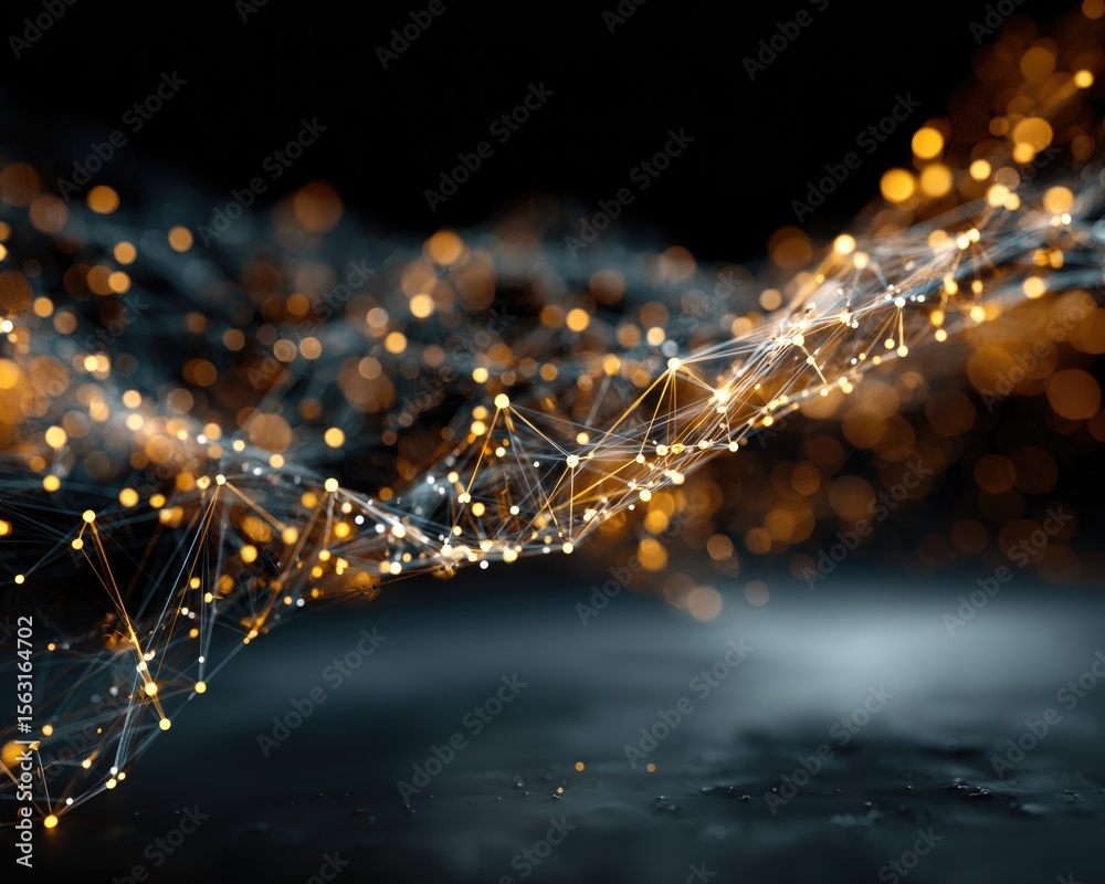 Poster network visualization: a dynamic network of interconnected nodes and lines pulses with energy, rende