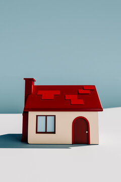 3D render of a small house with a red roof on a minimal background