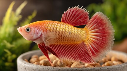 Obraz premium Serene Betta Elegance: A mesmerizing close-up of a Betta fish, its vibrant colors and flowing fins adding an enchanting allure to the aquatic world.