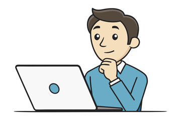 A cartoon man in a blue shirt and white collar sits at a desk thoughtfully looking at his laptop with his chin resting on his hand