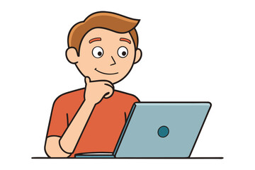 A young man with brown hair and an orange shirt smiles thoughtfully while resting his chin on his hand and looking at a laptop