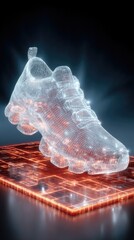 Futuristic Sneaker Design: A mesmerizing digital rendering of a futuristic sneaker, seemingly composed of glowing energy lines, rests on a vibrant, technological platform.