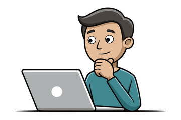 Cartoon man with dark hair wearing a teal shirt sits at a desk thoughtfully looking at his laptop screen with his chin resting on his hand