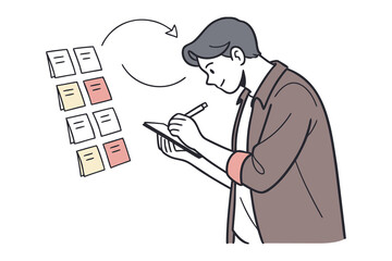 Focused individual meticulously plans tasks and ideas using sticky notes and a notebook for effective organization and workflow management