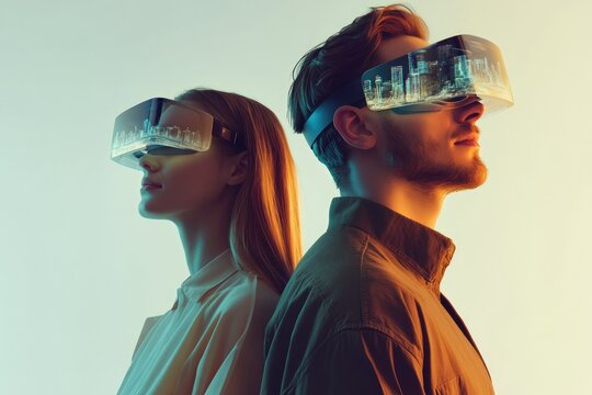 A young couple experiences immersive virtual reality, showcasing a futuristic cityscape reflected in their VR headsets. - Powered by Adobe