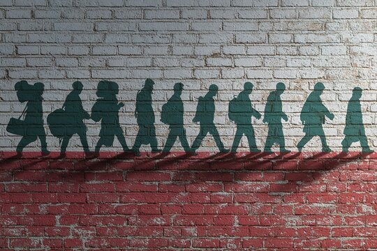 The refugees migrate to Europe union . Silhouette of illegal immigrants . Europe union migration policy. Flag of Belarus painted on a brick wall. High quality - Powered by Adobe