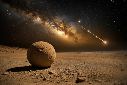Meteor shower illuminates barren moon landscape under the vast Milky Way sky at night - Powered by Adobe