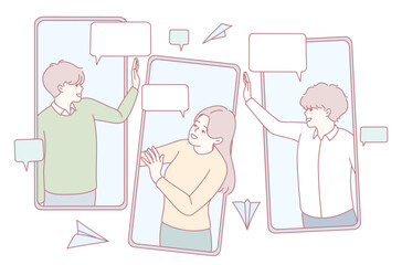 An illustration of friends chatting online with smartphones, featuring vibrant text bubbles symbolizing their talks