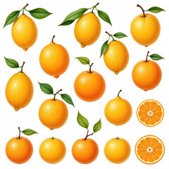 Fresh Lemon and Orange Collection with Leaves on Black Background for Culinary and Design Projects