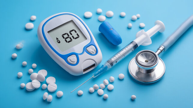 Glucose meter displays reading with diabetes treatment. Feeling hope