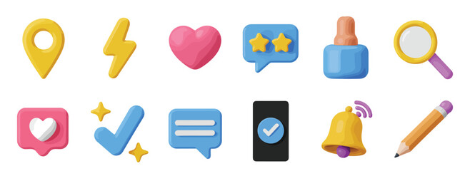 Colorful 3D icon set featuring social media symbols like heart, chat, location, lightning, and magnifying glass on white background