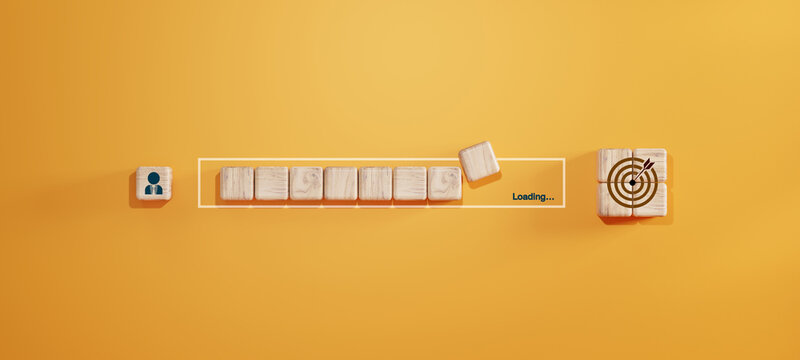 Concept of marketing conversion with wooden blocks in progress bar form. From user icon to target symbol. Ideal for CRM, customer journey, and digital marketing strategy.