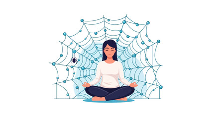 Meditating Woman Trapped in a Spiderweb: Vector Illustration