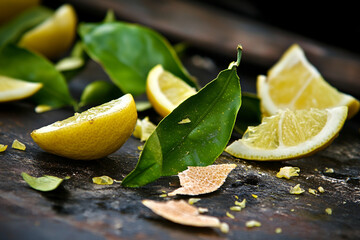 Fresh lemons and lime slices scattered on wooden surface with citrus leaves in vibrant composition
