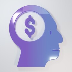 Purple-blue Business man planning mind icon isolated on grey background. Head with dollar. Idea to earn money. Business investment growth. Minimalism concept. 3D render illustration