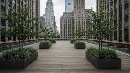 Fototapeta premium Urban rooftop garden with rectangular planters.