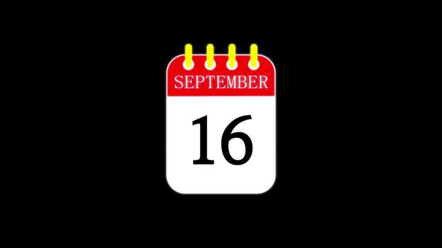 16 September Calendar Turning Page Animation Against BLACK Background in 4K Resolution. Date counting calendar date.