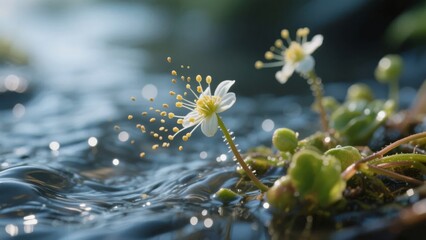 Delicate White Flowers Emerging from Water with Pollen Dispersion
