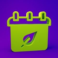 Green Calendar with autumn leaves icon isolated on purple-blue background. Minimalism concept. 3D...