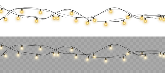 Christmas garland lights glow in cozy golden tones. Bulbs on wire shine softly for holiday atmosphere. Transparent background fits digital banners and UI. Festive vector set includes curved strands