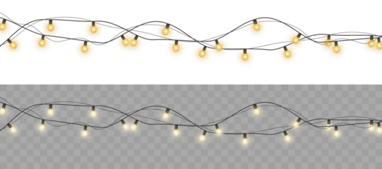 Christmas garland lights glow in cozy golden tones. Bulbs on wire shine softly for holiday atmosphere. Transparent background fits digital banners and UI. Festive vector set includes curved strands