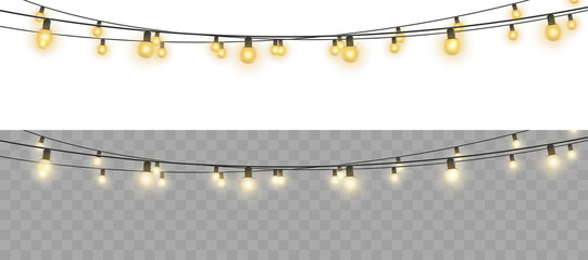 Christmas garland lights glow in cozy golden tones. Bulbs on wire shine softly for holiday atmosphere. Transparent background fits digital banners and UI. Festive vector set includes curved strands