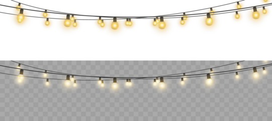 Christmas garland lights glow in cozy golden tones. Bulbs on wire shine softly for holiday atmosphere. Transparent background fits digital banners and UI. Festive vector set includes curved strands