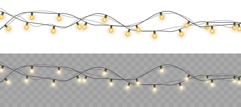 Christmas garland lights glow in cozy golden tones. Bulbs on wire shine softly for holiday atmosphere. Transparent background fits digital banners and UI. Festive vector set includes curved strands