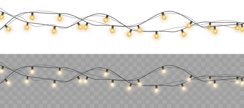 Christmas garland lights glow in cozy golden tones. Bulbs on wire shine softly for holiday atmosphere. Transparent background fits digital banners and UI. Festive vector set includes curved strands