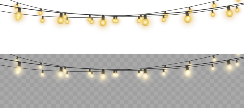 Christmas garland lights glow in cozy golden tones. Bulbs on wire shine softly for holiday atmosphere. Transparent background fits digital banners and UI. Festive vector set includes curved strands