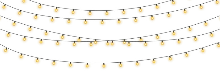 Bright garlands with a golden glow. For advertising invitations, web banners, postcards. Vector. Holidays decoration. Festive Christmas light gold garlands. LED lamp. Yellow lights on a illustration.