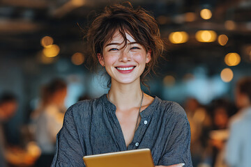 Smiling Young Woman with Tablet in a Busy Cafe Environment