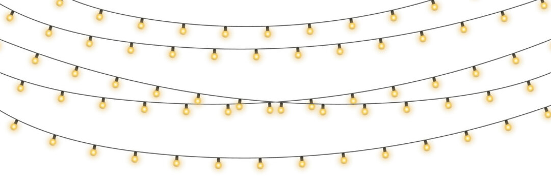 Bright garlands with a golden glow. For advertising invitations, web banners, postcards. Vector. Holidays decoration. Festive Christmas light gold garlands. LED lamp. Yellow lights on a illustration.